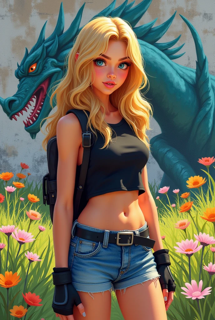 a young woman, full body, a cartoon character wearing a black sleeveless crop top and blue denim jean shorts, black belt, long wavy blonde hair, gloves, and 16k, hyper realistic digital in acrylic paint, watercolor, Oil with bright colors, with a meadow background with spring flowers and graffiti on the wall, a painting of a fierce dragon in graffiti, more realistic, with a backpack on his back, 