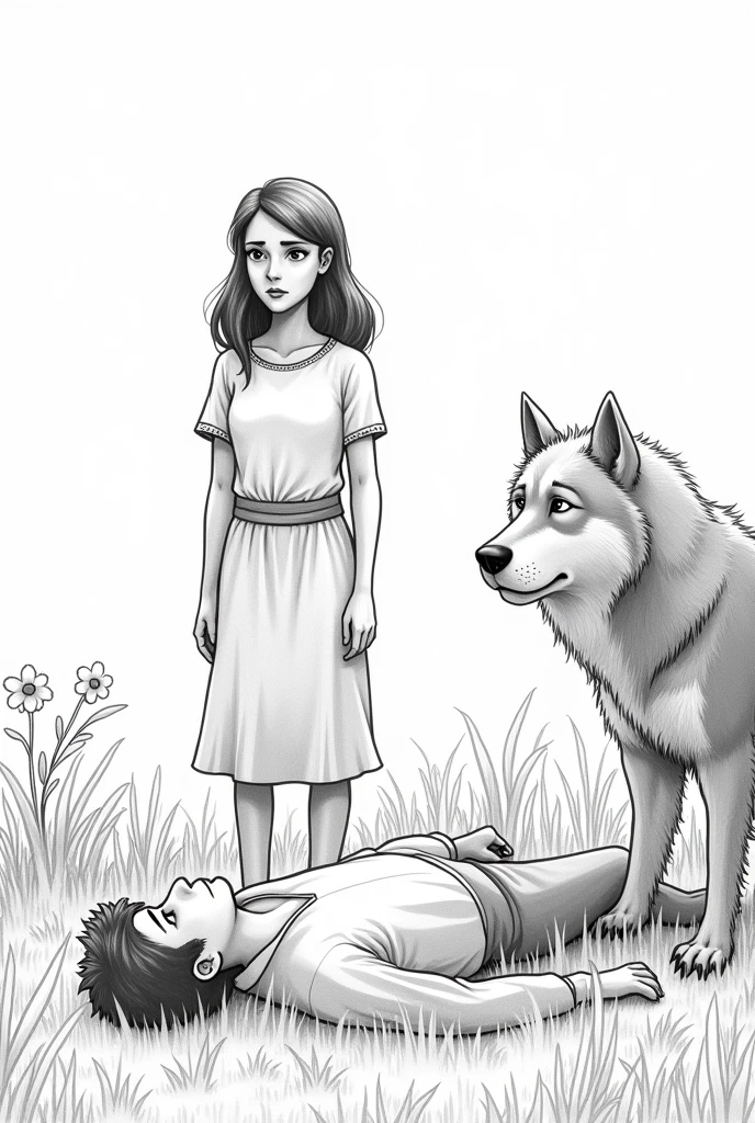 A worried woman,man on the ground in a meadow and with a wolf like the one from white fang there,The photo should be in black and white and do it in pencil and in animated cartoon as I tell you