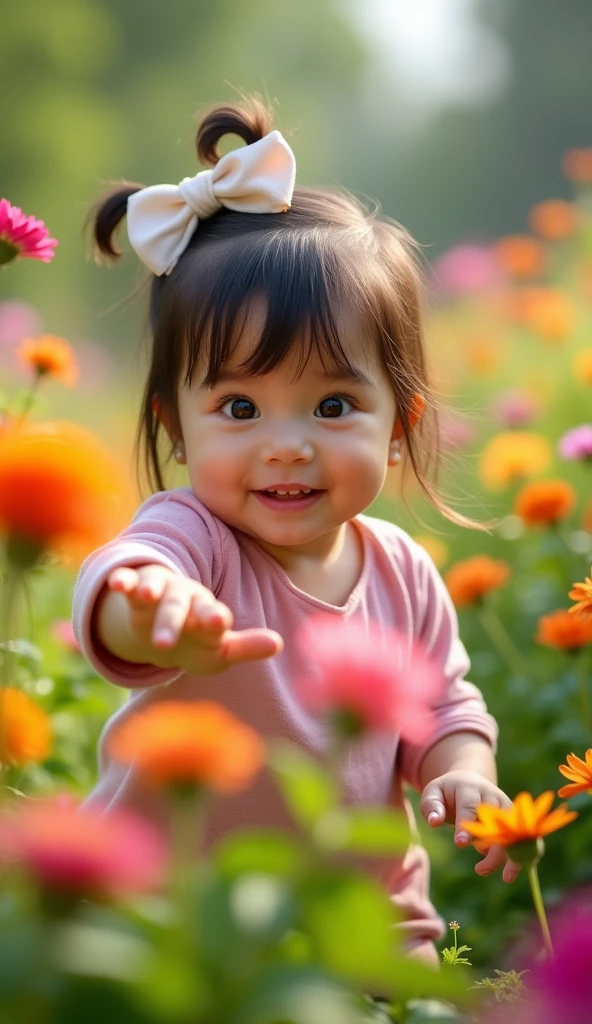 Create UHD photorealistic realistic image, no animation, no 3D image, no Pixar style. Capture a 30-month-old girl exploring a garden, with wide eyes and a curious smile. Use a 35mm lens for a wide-angle shot, capturing the surrounding flowers in vivid detail. Lighting should be bright and natural, highlighting the colors of the garden. Ensure her hand shows exactly five fingers. The photo should convey a sense of discovery and wonder.
