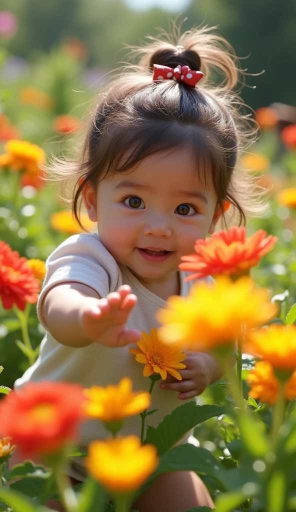 Create UHD photorealistic realistic image, no animation, no 3D image, no Pixar style. Capture a 30-month-old girl exploring a garden, with wide eyes and a curious smile. Use a 35mm lens for a wide-angle shot, capturing the surrounding flowers in vivid detail. Lighting should be bright and natural, highlighting the colors of the garden. Ensure her hand shows exactly five fingers. The photo should convey a sense of discovery and wonder.
