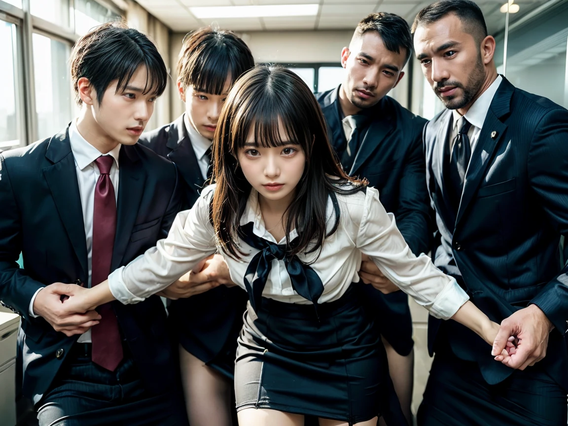 Sailor Saturn,High resolution, Realistic, Hyperrealism, Ultra Sharpness, Detailed eyes, The best light, break, One girl, Japanese, Idol, cute, 1, Silk Skin, (black_work_skirt_suit, black jacket, black pencil skirt, White shirt:1.3), (office:1.4), break, View your viewers, (Browsing Caution:1.5), (Sexual intercourse with multiple men:1.5), (gang rape:1.7), Vaginal, Penis in vagina, testis, throw