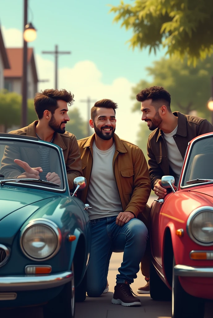 Create three male friends meeting by car