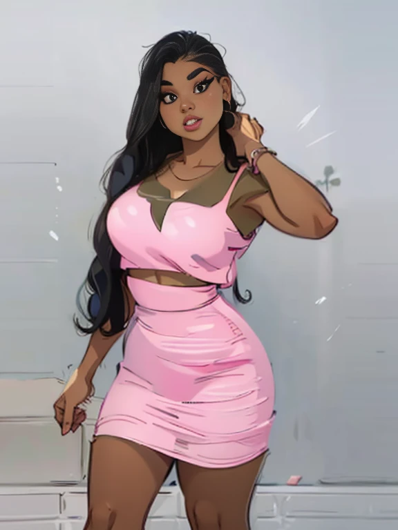 Digital drawing of a woman with long black hair, wearing a pink top and a pink mini skirt, athletic body, 8k, cartoon style