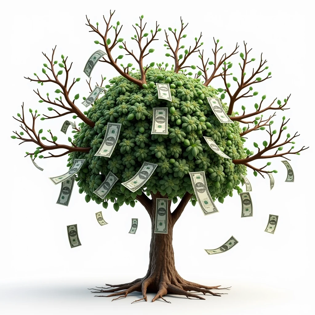 Realistic money tree, white background, with just dollar bills growing like fruits, no leaves, just bills instead of leaves.