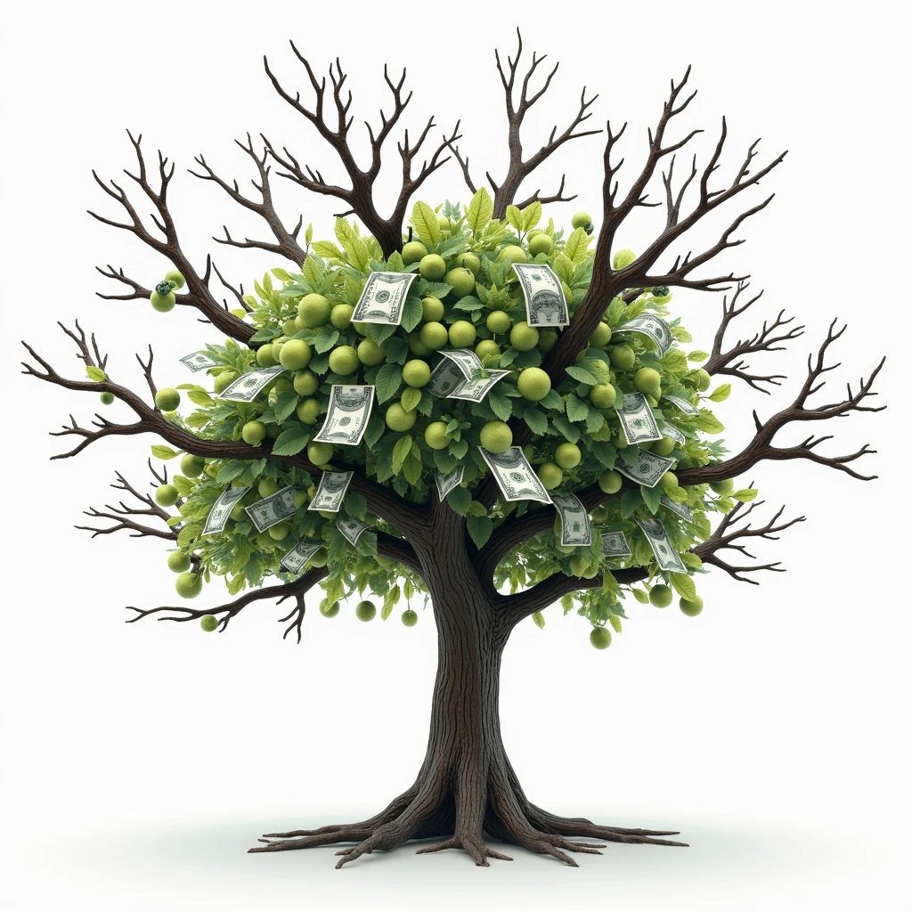 Realistic money tree, white background, with just dollar bills growing like fruits, no leaves, just bills instead of leaves.