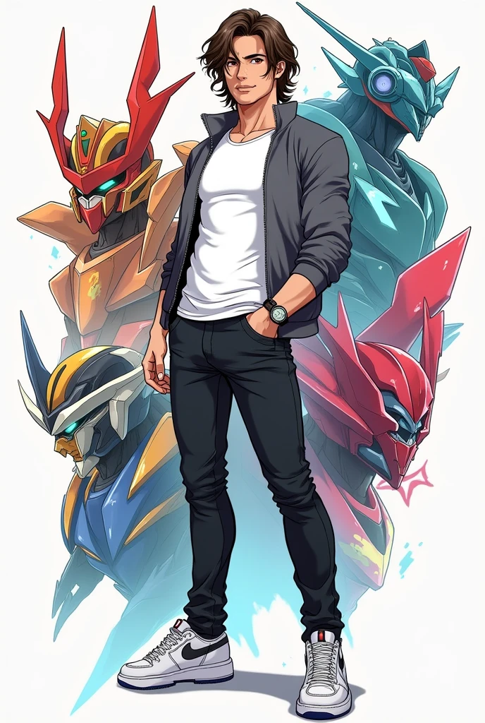 filter: Voltron drawing, A man with shoulder-length brown to black hair, a white compression shirt and a gray jacket, black pants and wears tennis shoes
