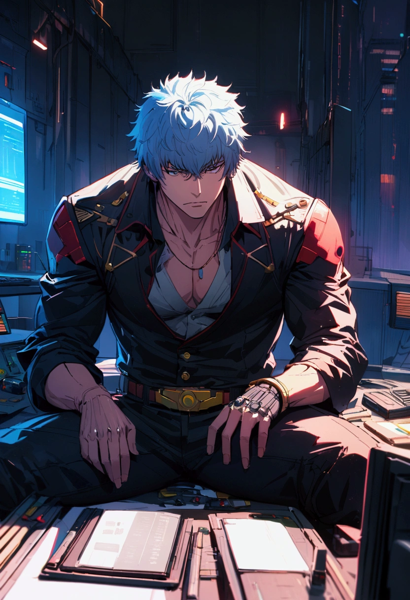 Sakata Gintoki from Gintama,Sitting on Workspace, Cyberpunk, Ultra-detailed
