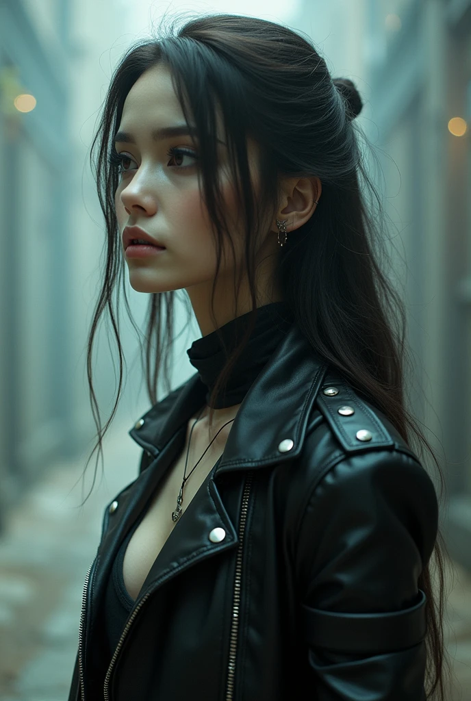 Make a woman pale, with long hair strands. Thin enough to have visible bones. She carries a stunning beauty.
Make this same woman wear biker gear. Short and with leather. Must be an icon to be used in profile picture.
And don't forget, she needs to be VERY pretty.
She needs to be delicate. She has only
