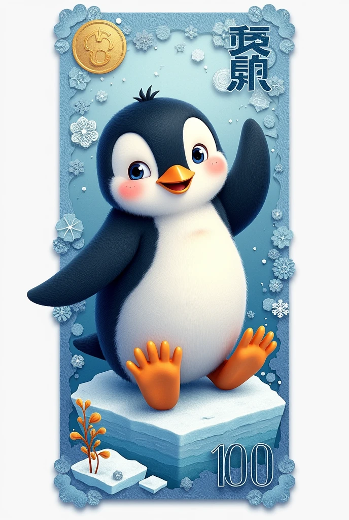 Create a 100 penguin bill that has a cute animated penguin in the center but is more detailed and the bill is rectangular.