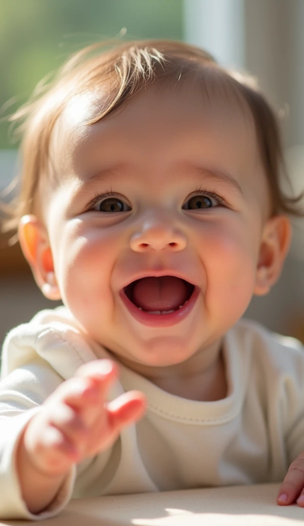 Create UHD photorealistic realistic image, no animation, no 3D image, no Pixar style. Capture a 12-month-old girl laughing joyfully, with a wide smile and sparkling eyes. Use a 70-200mm lens for a close-up shot that captures her expression in sharp detail. Lighting should be bright and cheerful, emphasizing the happiness of the moment. Ensure her hand shows exactly five fingers. The photo should feel like a candid, joyous moment captured in a studio.