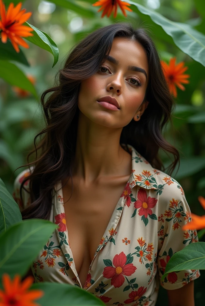 A Brazilian woman in a lush tropical garden, wearing an open shirt with a floral print, with a close-up capturing the harmonious beauty between her breasts and the natural flowers, showing off your natural charm and outgoing personality.