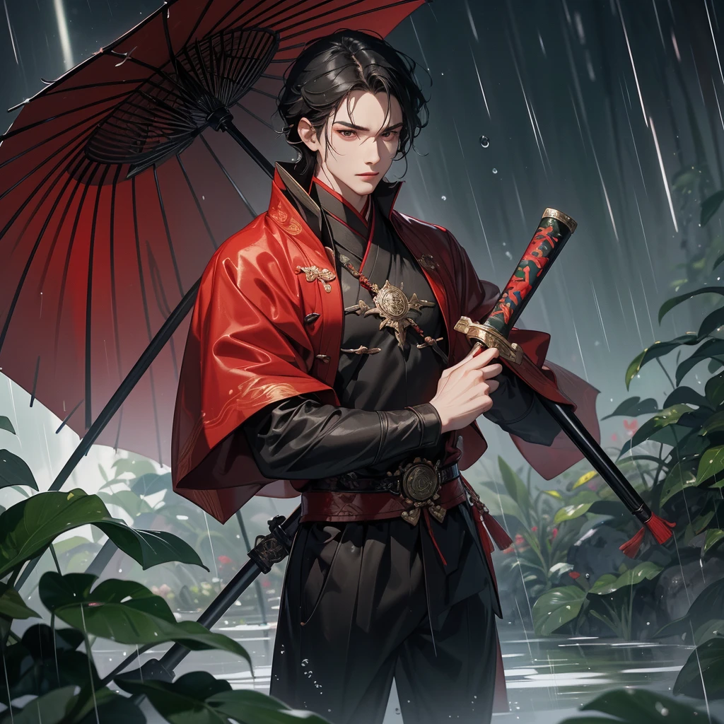 A Handsome black-hair male holding a large sword in red-black ancient chinese costume, close up.

Stand holding an umbrella to protect from the rain. Rain fell and splashed around. There are water droplets falling on the leaves in the surrounding area, green and moist, the atmosphere after rain.