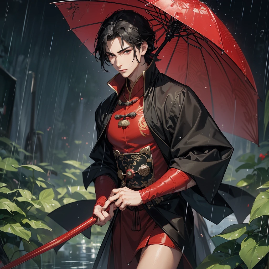 A Handsome black-hair male holding a large sword in red-black ancient chinese costume, close up.
Stand holding an umbrella to protect from the rain. Rain fell and splashed around. There are water droplets falling on the leaves in the surrounding area, green and moist, the atmosphere after rain.