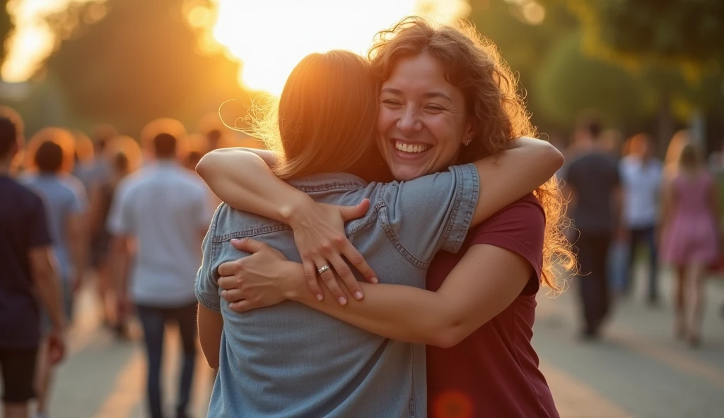 People walking happily hugging each other.