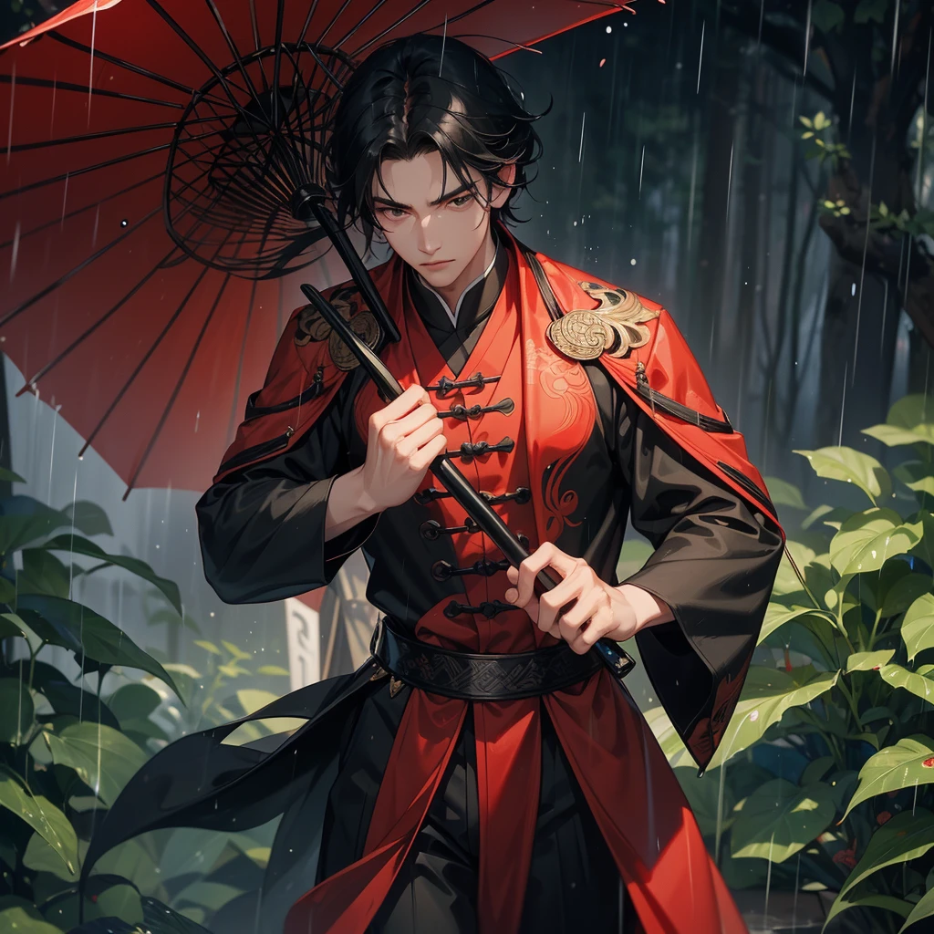 A Handsome black-hair male holding a large sword in red-black ancient chinese costume, close up.
Stand holding an umbrella to protect from the rain. Rain fell and splashed around. There are water droplets falling on the leaves in the surrounding area, green and moist, the atmosphere after rain.