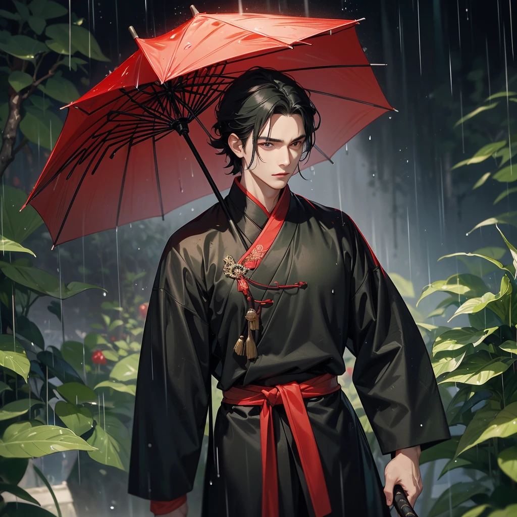 A Handsome black-hair male holding a large sword in red-black ancient chinese costume, close up.
Stand holding an umbrella to protect from the rain. Rain fell and splashed around. There are water droplets falling on the leaves in the surrounding area, green and moist, the atmosphere after rain.