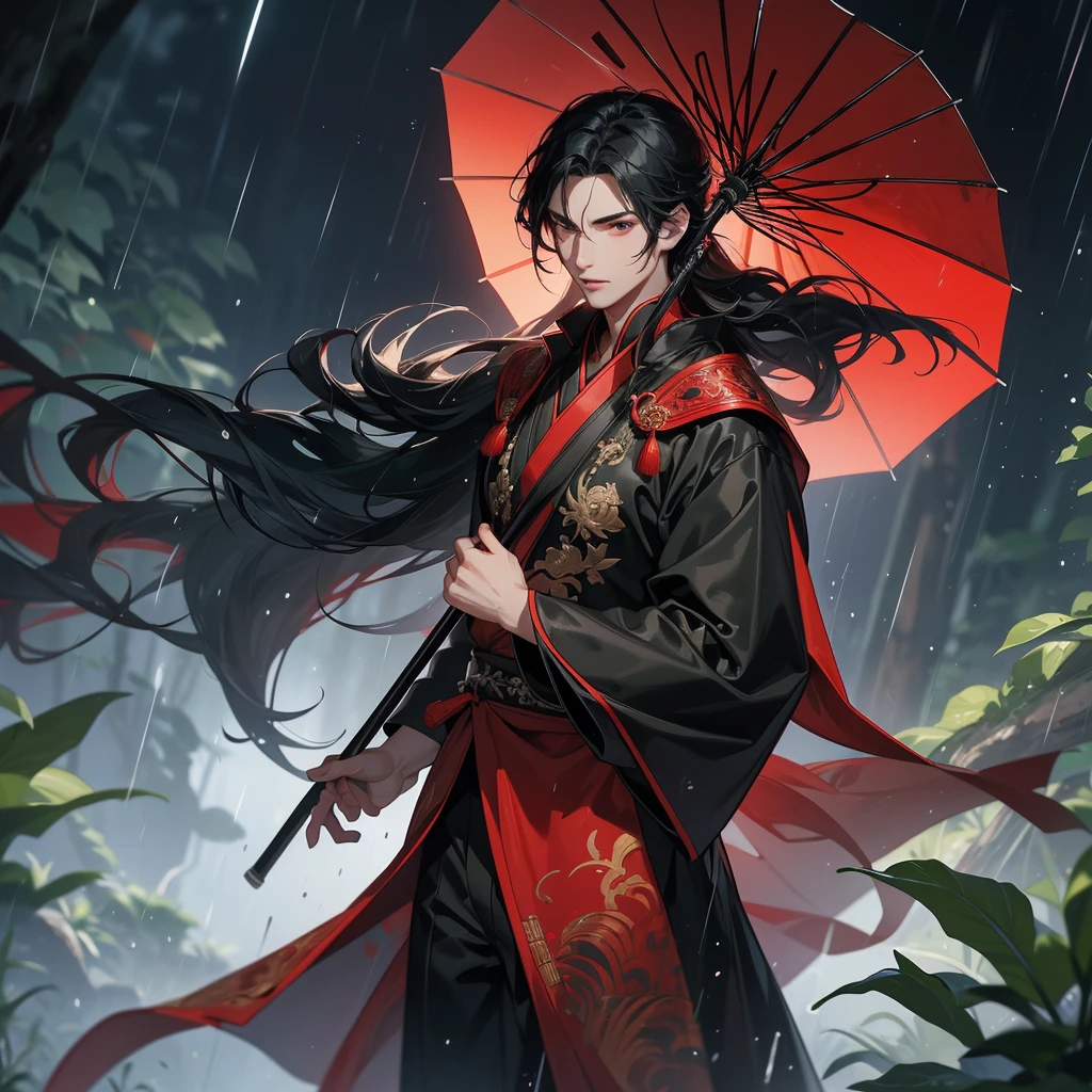 A Handsome black-hair male holding a large sword in red-black ancient chinese costume, close up.
Stand holding an umbrella to protect from the rain. Rain fell and splashed around. There are water droplets falling on the leaves in the surrounding area, green and moist, the atmosphere after rain.