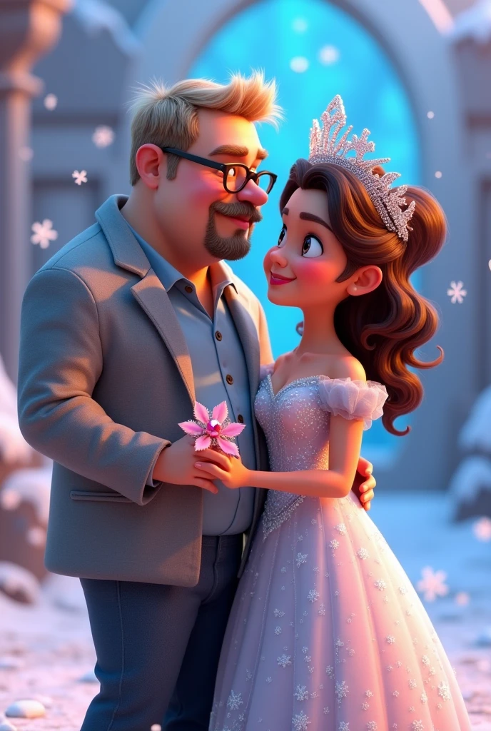 pixar 3d effect, couple in love, he's chubby, taz's clothes, light hair, goatee, wearing glasses, she has light brown skin, curly hair, ice queen outfit, Diamond Crown
