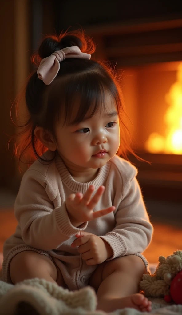 Create UHD photorealistic realistic image, no animation, no 3D image, no Pixar style. Capture a 16-month-old girl sitting by a fireplace, her face softly illuminated by the warm glow. Use an 85mm lens for a close-up that captures the warmth of the scene. Lighting should be soft and golden, enhancing the cozy atmosphere. Ensure her hand shows exactly five fingers. The photo should feel like a tranquil, comforting moment captured in a family setting.