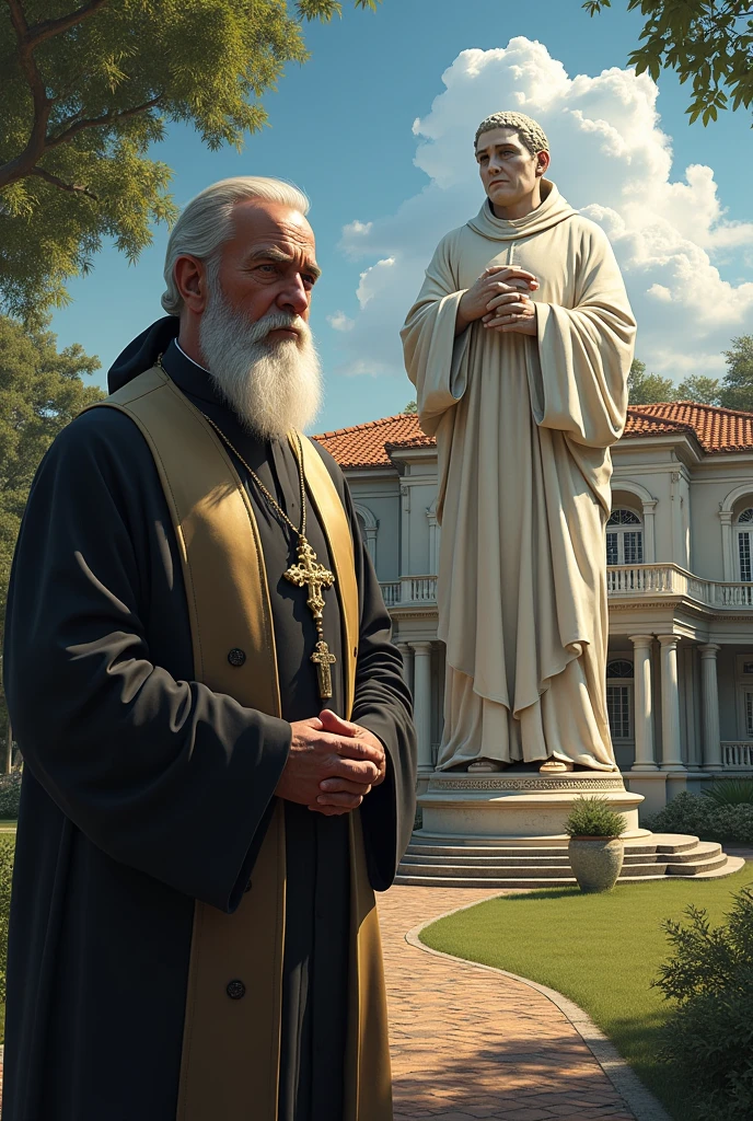 Create an image of Father Cicero Romão Batista of Juazeiro do Norte CE in his mansion in Horto next to his statue in Horto