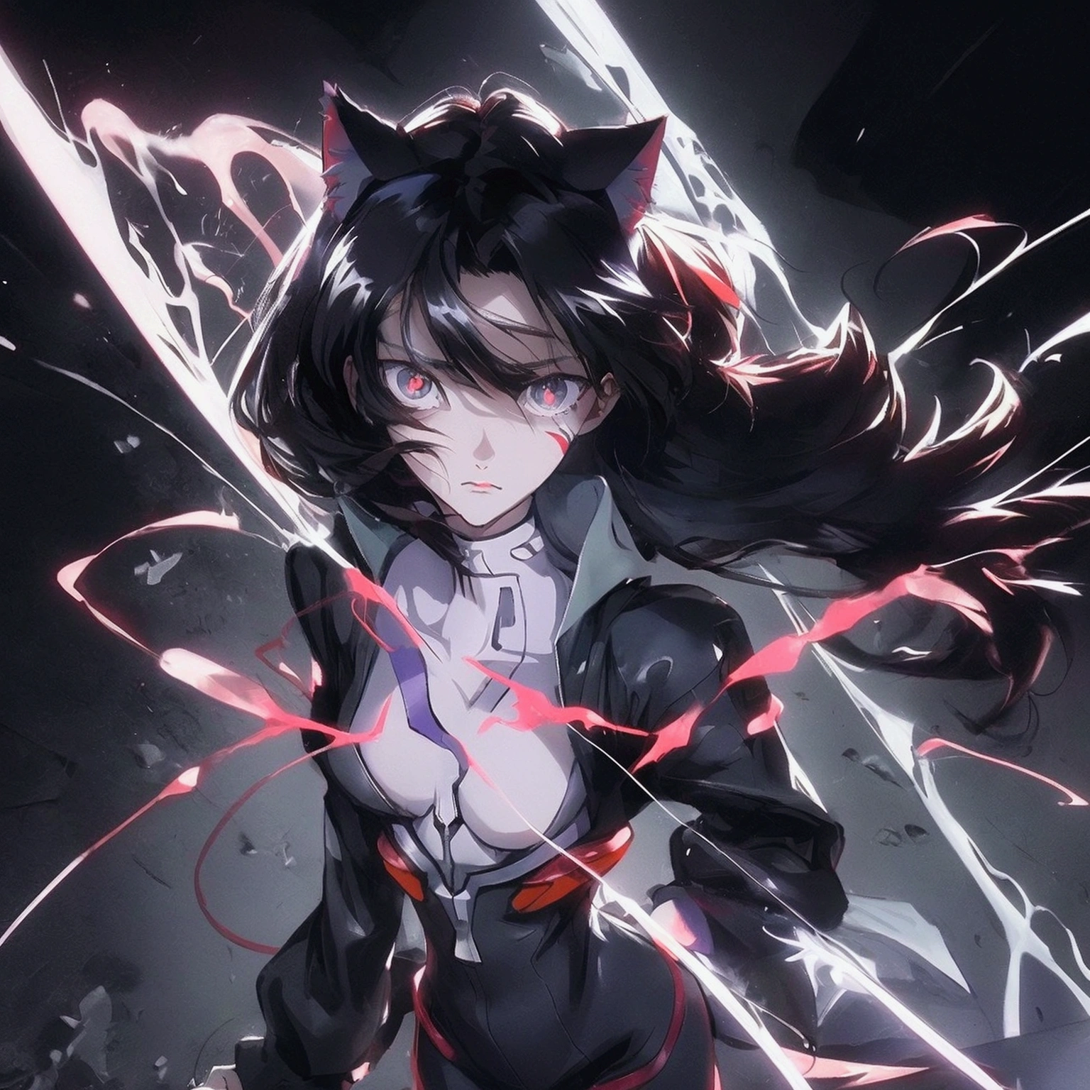 Create an anime character in the 'Neon Genesis Evangelion' style with striking facial features, large and expressive eyes. The character must have a relaxed expression, a girl with cat ears and short black hair, do it with black clothes and a full body and in the background the night with rain