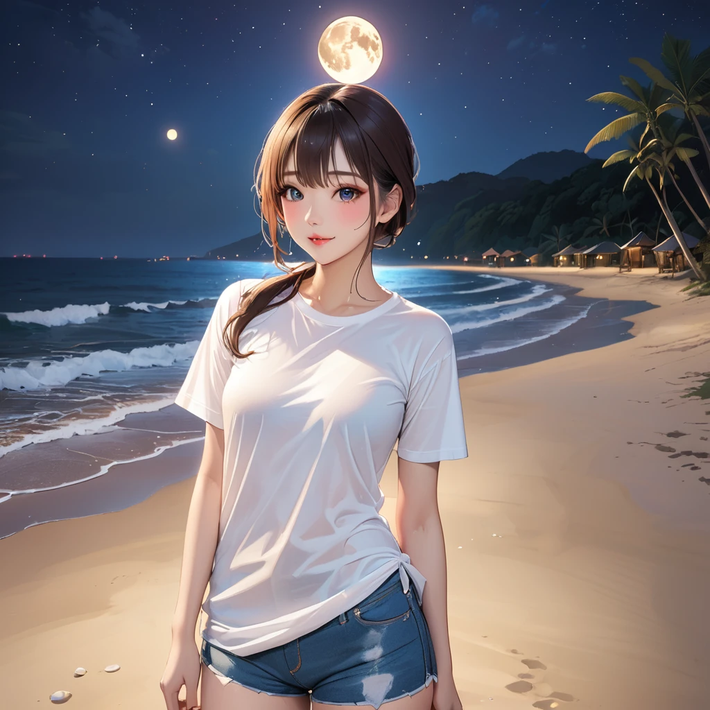 (masterpiece,of the highest quality,超High resolution),Japanese woman, pretty girl、look at the moon, show back､ ((beautiful low ponytail)), super cute face, bright lips, Double eyelids on both eyes.,Natural smile、 Natural makeup, long eyelashes, Shiny and soft hair､central image, perfect limbs, perfect anatomy,(((long t-shirt with denim shorts)))、,(wet with sweat),, sky stars, at night, on the beach, waning quarter moon