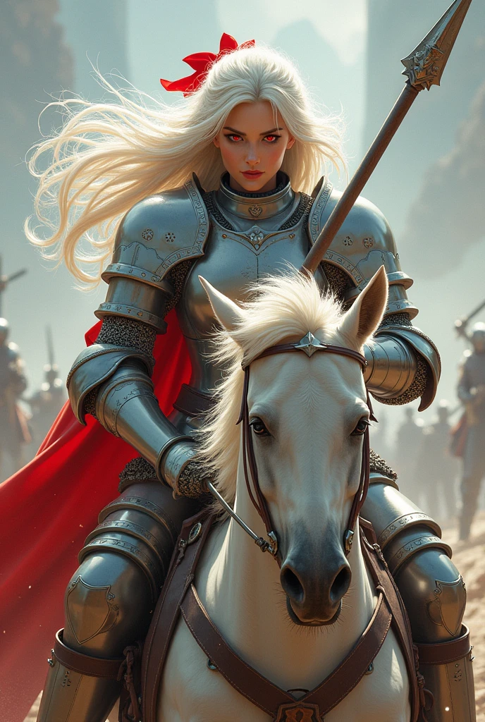 Female Knight on a War Horse, Red eyes, White hair, white steel armor, red bow on the hair, armor on horse, heavy spear