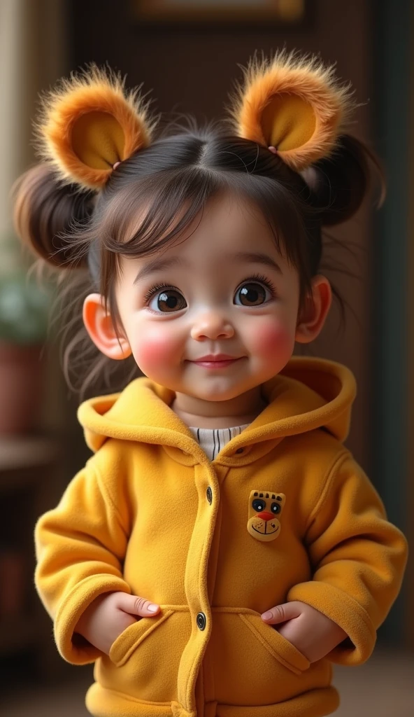Create UHD photorealistic realistic image, no animation, no 3D image, no Pixar style. Capture a 26-month-old girl with a confident smile, wearing a lion-themed outfit in a studio setting. Use a 50mm lens for sharp detail and a softly blurred background. Lighting should be strong but balanced, highlighting her expressive face. Ensure her hand shows exactly five fingers. The photo should convey strength and warmth, like a classic studio portrait.