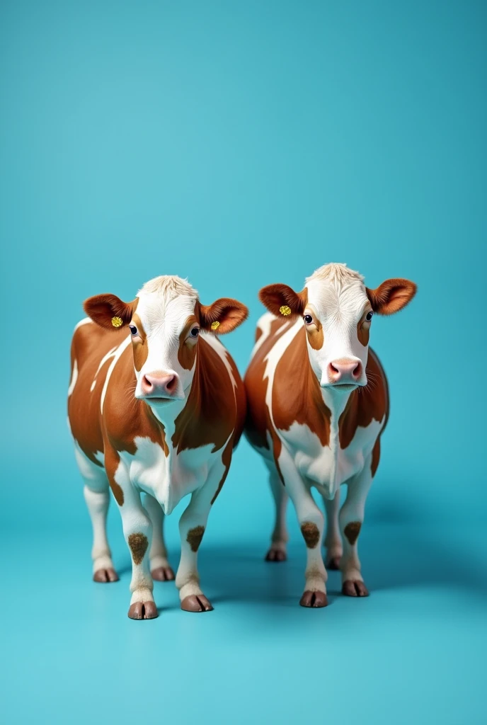 Classic image of two cows in a single photo qith blue background