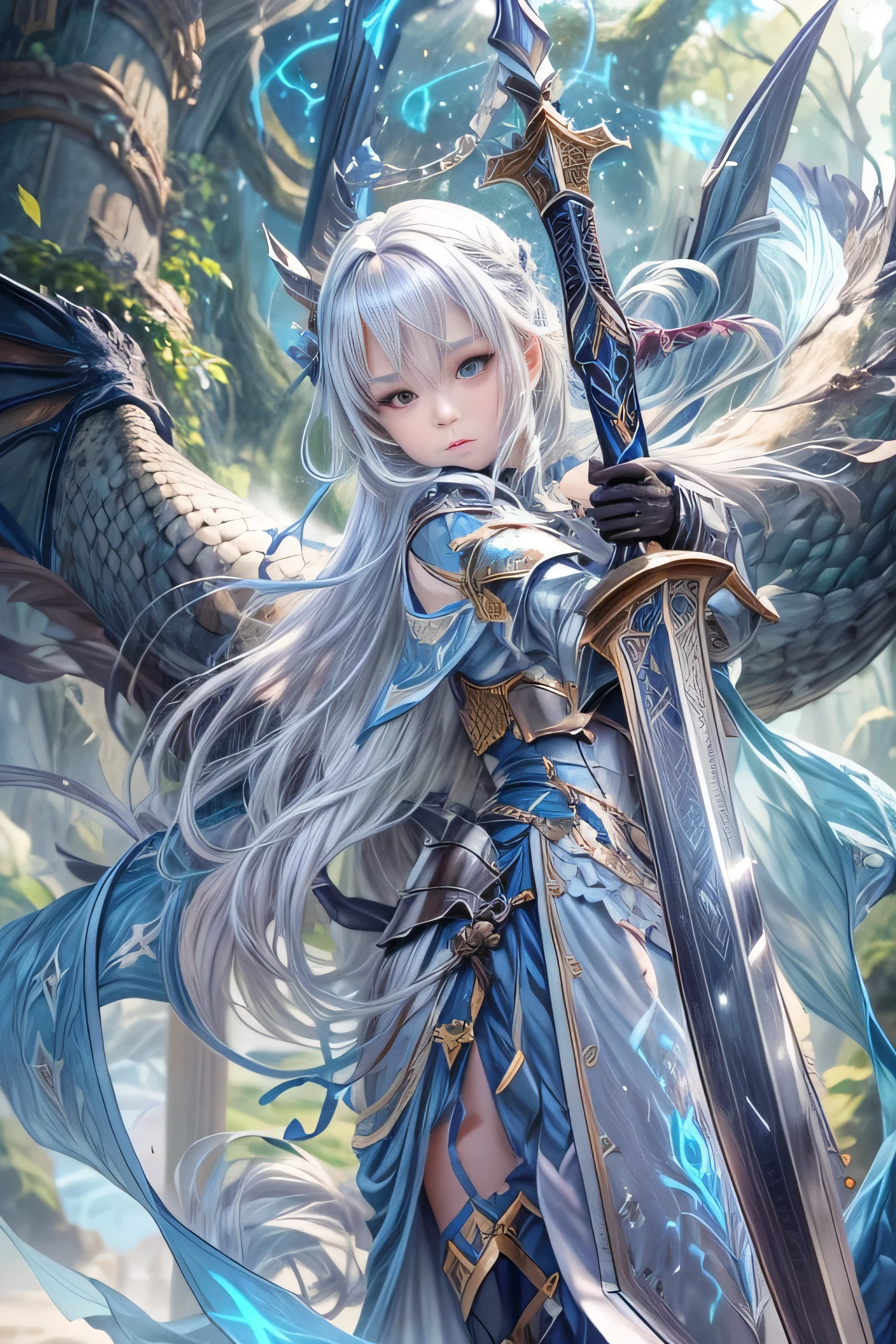 A female knight recognized by the legendary holy sword Excalibur、With the protection of the spirit of light, it emits an aura of light.、8k.Half Russian and half Japanese、Russian face、beautiful girl、A princess with the title of Dragon Slayer、、Small face、Young face、Big eyes、Skinny、Small breasts、（（（Silver Hair、Silver Hair）））、With bangs、（（（High resolution big beautiful light blue glowing eyes, ）））、Shortcuts、Bobcut、（（（Red ribbon in hair、Floral decoration）））、Partially braided、Transforms into an armored knight at the call of the holy sword Excalibur.、Large sword、A holy sword that emits a pale blue light、（（god々He holds up his sword, shining a deep blue, to the sky.））、god々A sword that shines brilliantly、Magic Sword Light Shield、Armor of Light、fantasy landscape、Fantasy、（Battle with the Dark Knight、Fighting the Demons、Fighting the beastmen）A dragon knight riding a flying dragon through the sky、The sword swings down, leaving a trail of light in its wake.