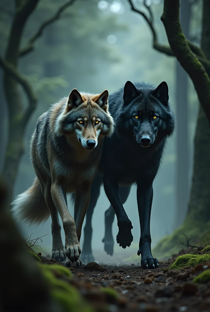 Couple of beautiful wolves, a big one with black fur, green eyes and a big alpha (Wolf man, werewolf,big beautiful wolf) and her companion, a strawberry-blonde wolf with amber eyes and a white tail on the tip (a beautiful woman with strawberry blonde hair and amber eyes )in a very dark forest full of trees dark forest the she wolf is running from the black wolf happily