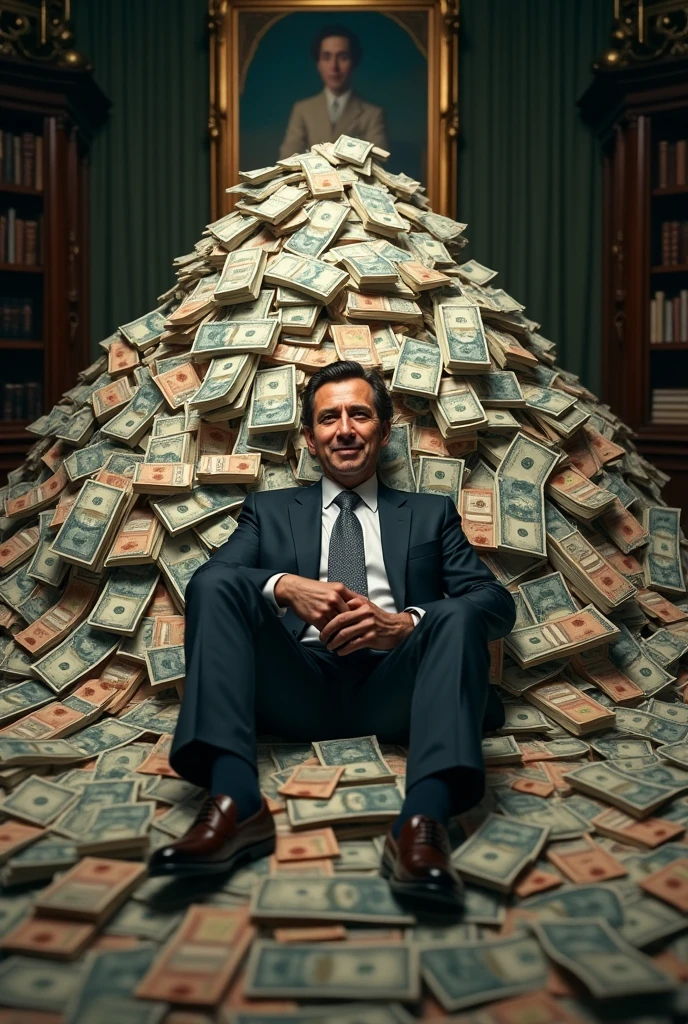 A man in the middle of a huge pile of money