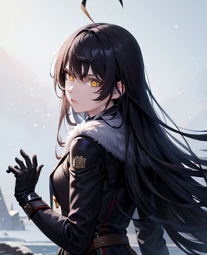 hyper-realistic of a mysterious woman with flowing dark hair, piercing yellow eyes, backwards, looking back, upper body, (snow background), (winter clouthes), (fur), (mature)
