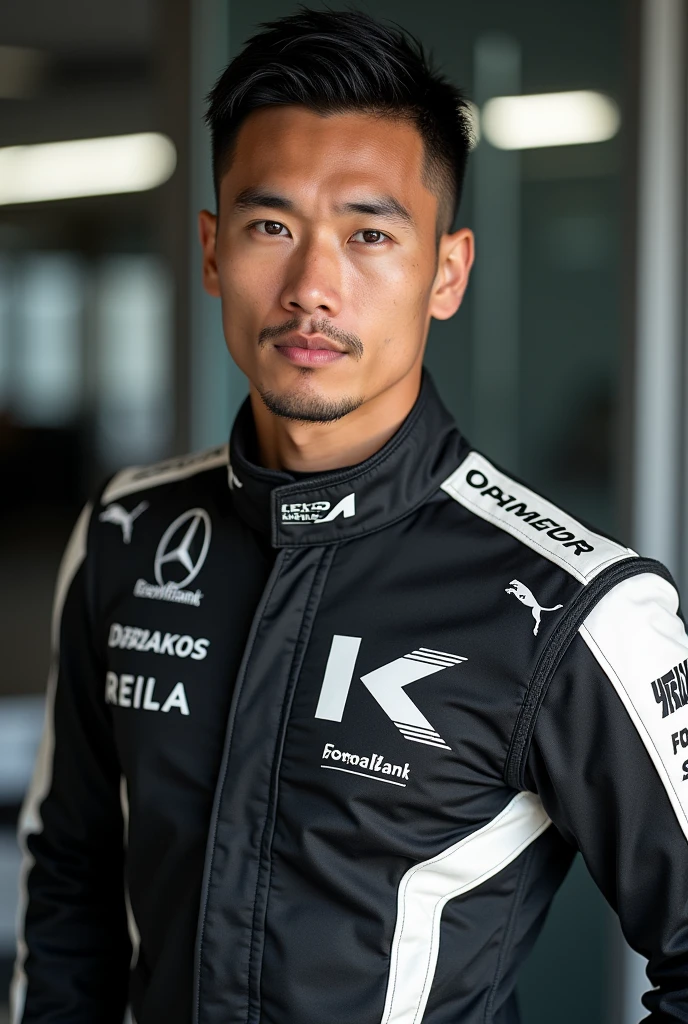 Handsome Filipino f1 driver wearing black and white tracksuit with chrome as sponsor with a large “K” on the suit