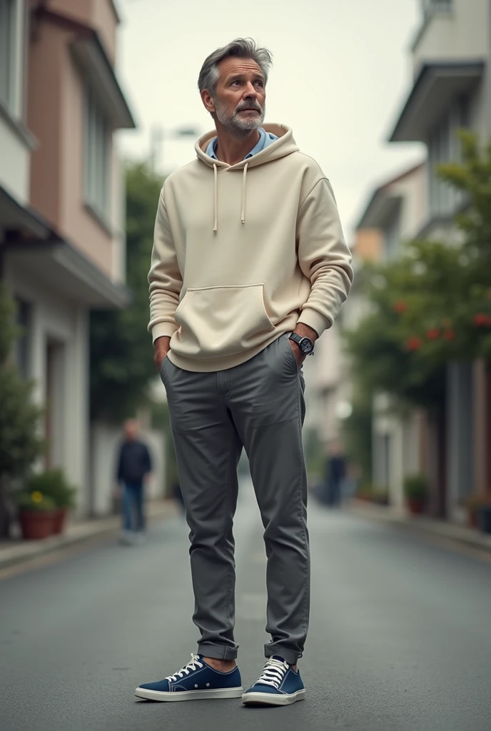 A 30 year old man in a quiet street, wearing cream coloured slim fit hoodie, grey chinos and navy plimsols, full body, looking at viewer