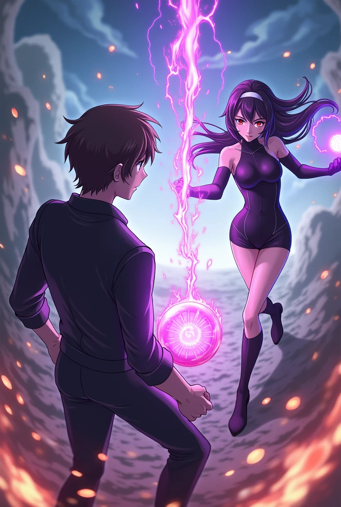 Make an image of the white male character with brown eyes and hair, with medium length hair parted in the middle with black clothes holding a purple power. and one with long black hair and white bangs and red eyes, with a short black jumpsuit long black hair with black power in her hand Using powers on an anime style battlefield