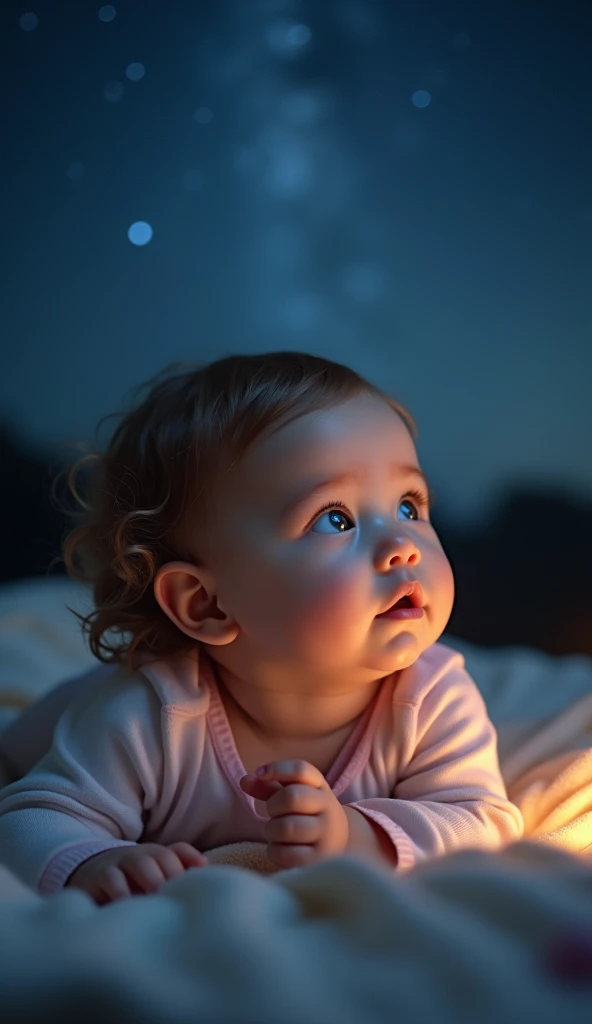 Create UHD photorealistic realistic image, no animation, no 3D image, no Pixar style. Capture a 14-month-old girl lying on a blanket, looking up at a starry sky with wonder. Use a 50mm lens for a focused shot, with the sky slightly blurred in the background. Lighting should simulate soft starlight, with gentle highlights on her face. Ensure her hand shows exactly five fingers. The photo should convey a sense of wonder and serenity, perfect for a family album.
