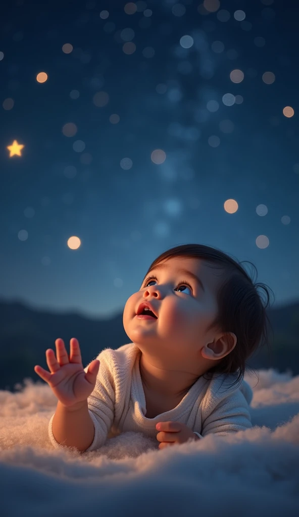 Create UHD photorealistic realistic image, no animation, no 3D image, no Pixar style. Capture a 14-month-old girl lying on a blanket, looking up at a starry sky with wonder. Use a 50mm lens for a focused shot, with the sky slightly blurred in the background. Lighting should simulate soft starlight, with gentle highlights on her face. Ensure her hand shows exactly five fingers. The photo should convey a sense of wonder and serenity, perfect for a family album.