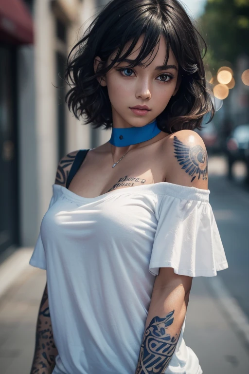 fashion photography portrait of 1 girl, off the shoulder, short fluffy hair, luz outfit, rim light, beautiful shadow, low key, (photorealistic, raw photo:1.2), (Natural skin texture, Realistic eye and face details.), hyperrealism, ultra high resolution, 4k, Best Quality, masterpiece, collar, (neckline:0.8), In the dark, (1 girl:1.2, body covered in words, words In body:1.1, tattoos of (words) In body:1.2), (masterpiece:1.4, Best Quality), medium breasts,  white T-Shirt, ((For the blue)), street at night,3D,16k