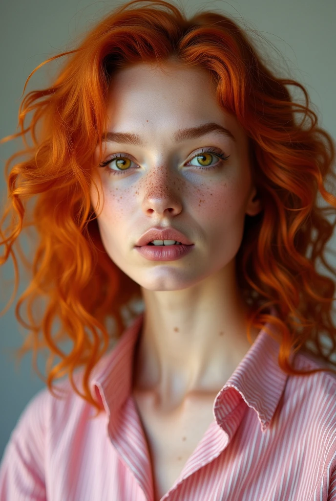 Beautiful woman with orange curly hair, yellow eyes, freckles on her skin, wearing a pink striped shirt