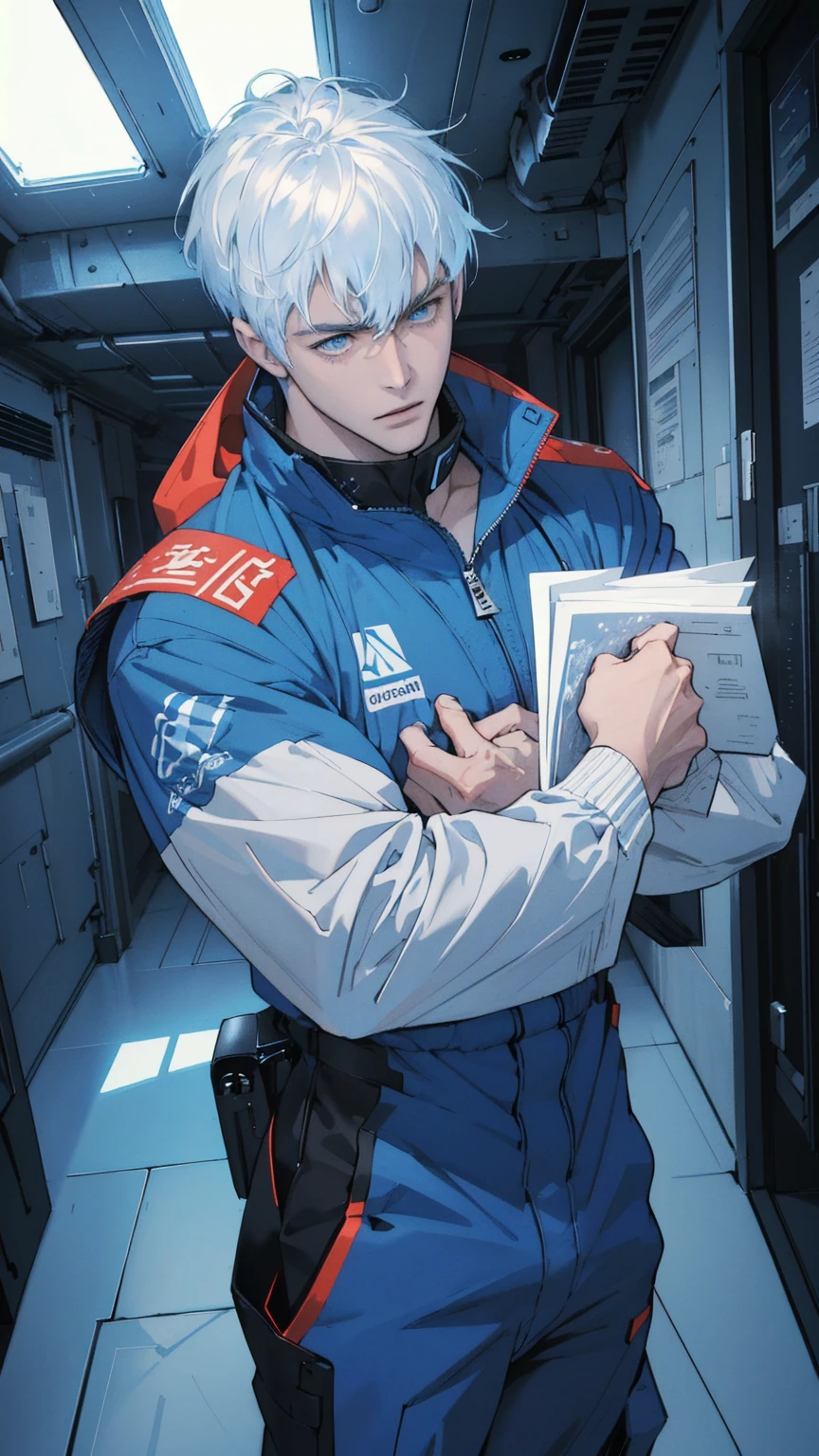 {(best quality, 8k, masterpiece, HDR, soft lighting, perfect image, digital illustration, manhwa art, hyper detailed image, perfect lines, realistic)} 1 very handsome man with short white hair with bangs and icy blue eyes, black & red space space jump suit, muscled (imposing posture, cold expression), {(inside spaceship corridor background)}