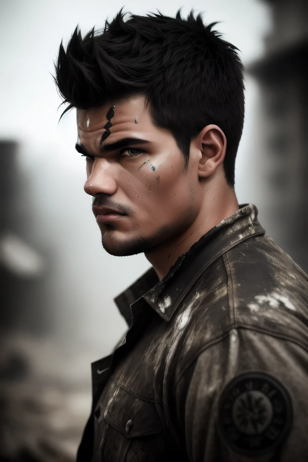 Taylor Lautner as a warrior, angry, sweaty, aggressive, torn clothes, dirty, messy, aggressive pose, photo realistic, dynamic lighting, bokeh, rugged, scars, (closed mouth), glaring eyes, scars, cuts, bruises