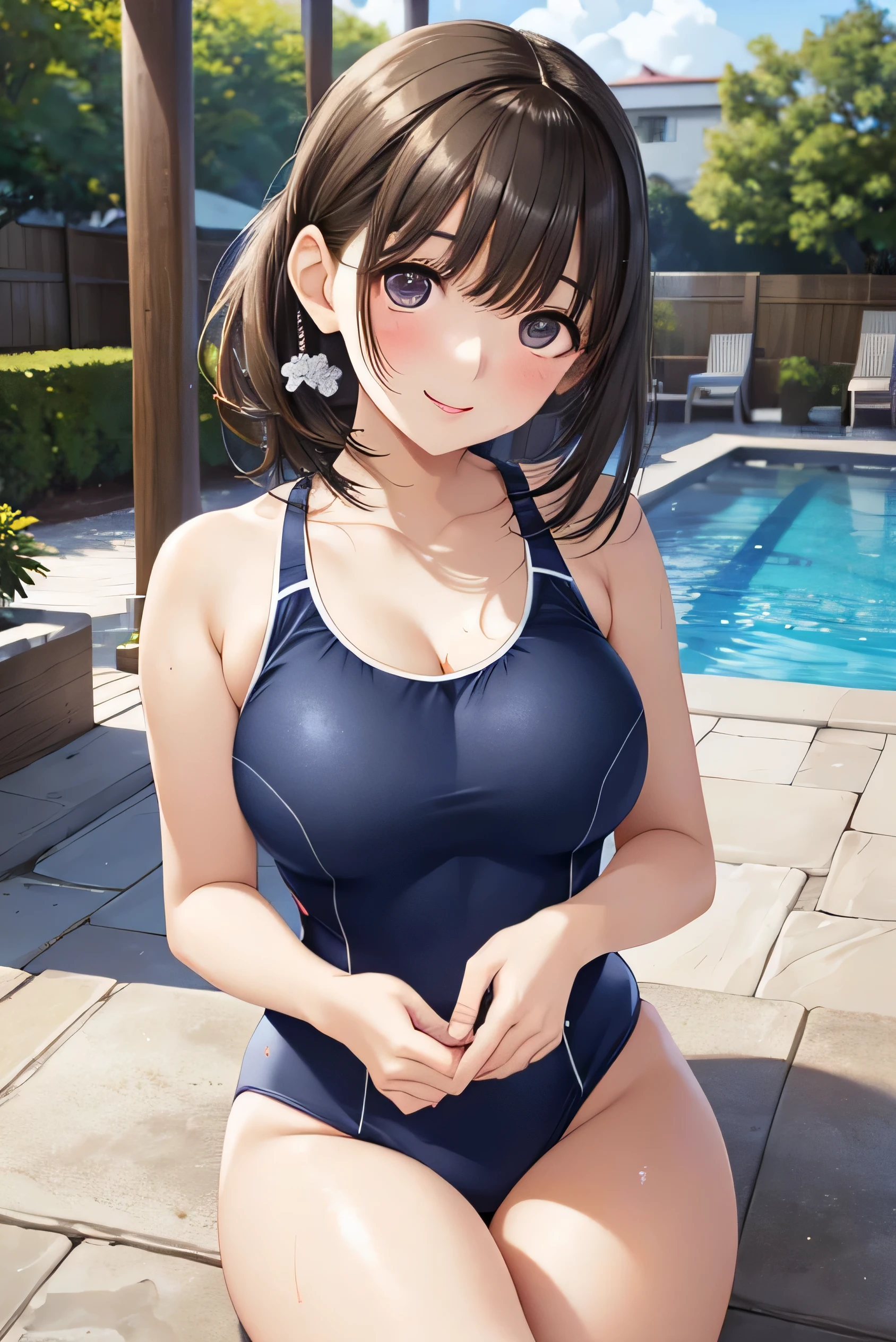 Nene Kasaki々、Shiny brown hair, short hair, (Beautiful brown eyes、Sparkling eyes, fine grain)、smile、Big Breasts,Very beautiful eyes、Highly detailed face, Highly detailed eyes,
(masterpiece,Highest quality,Ultra-high resolution),Japanese women, (((Very beautiful girl))), pretty girl、Look at the photographer、
((Beautiful low ponytail)), Very cute face, Glossy Lips, Double eyelids on both eyes,Natural smile、 Natural Makeup, Long eyelashes, Shiny and smooth hair、Center image, Perfect limbs, Perfect Anatomy,(((Navy School Swimsuit、High leg cut)))、Please move the shoulder straps,((See through)),Sweat,,Pool