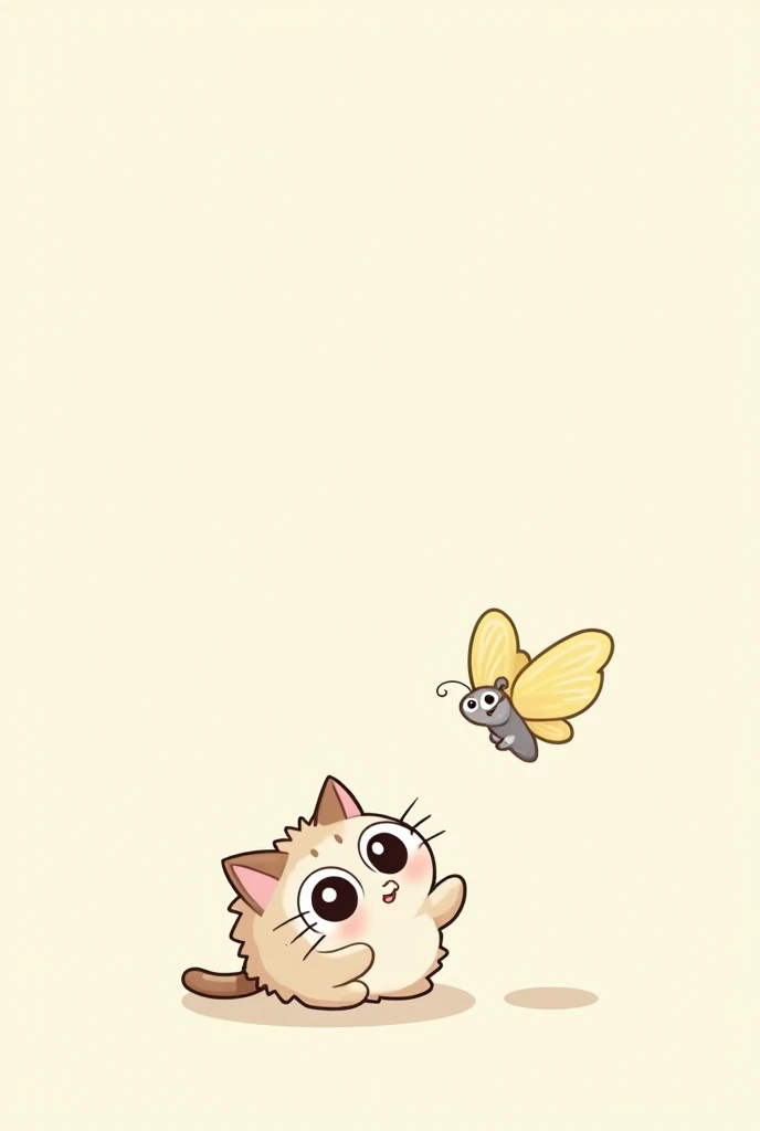 Simple cartoon of cute cat with anime eyes lifts one paw looking in wonder at a small butterfly