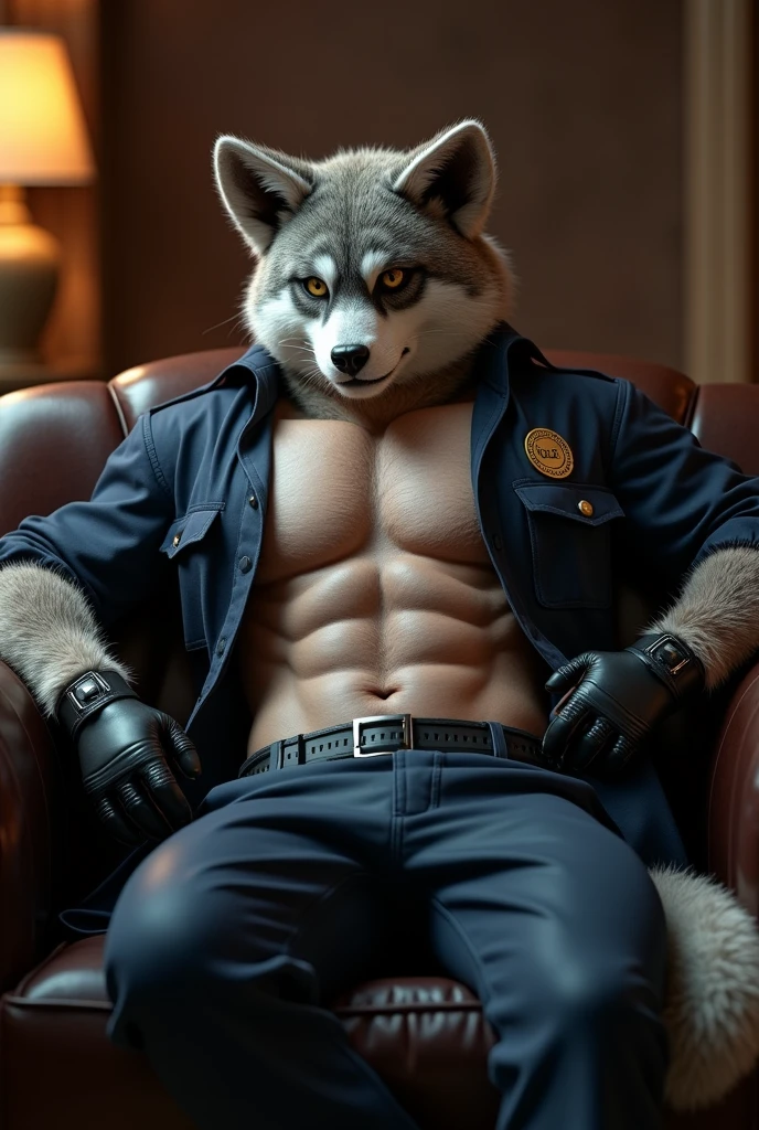 A furry with a sexy open shirt lying on the sofa dressed as a police officer 