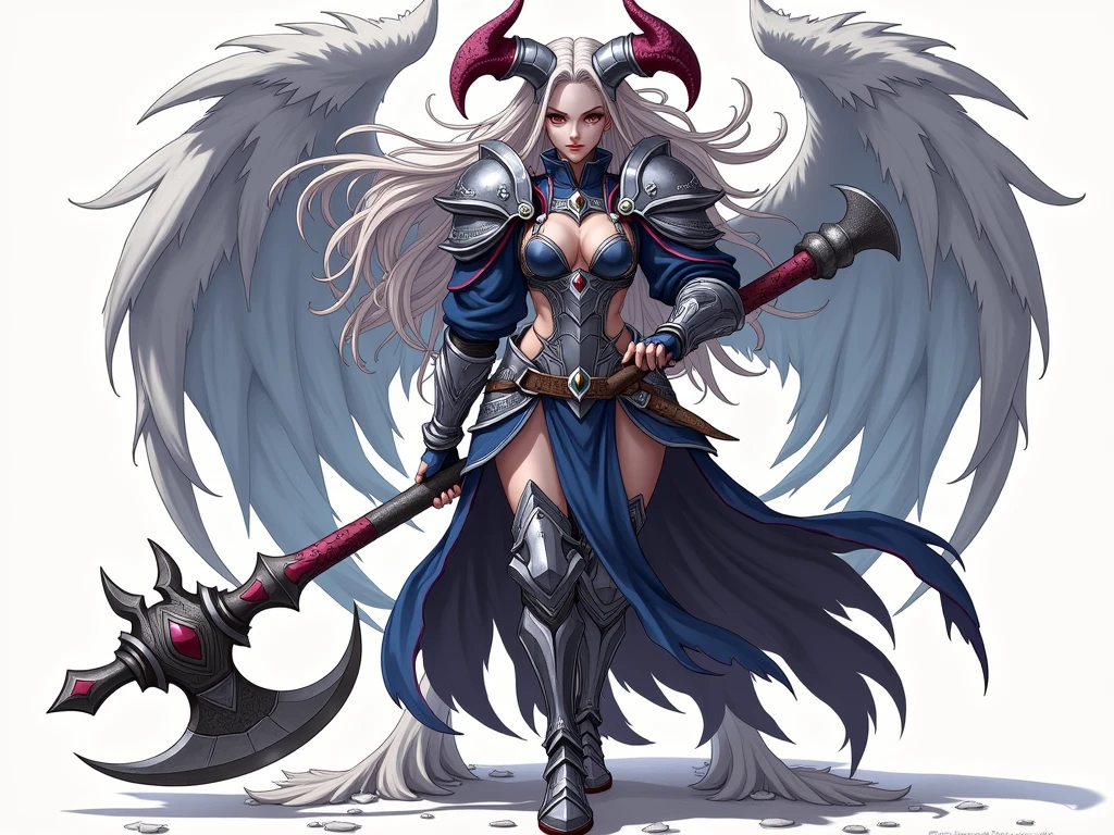 Dark gray skin warrior woman, White hair, grey horns with red, wearing blue armor with silver, an ax in his hand, anime style, in battle stance looking aggressively