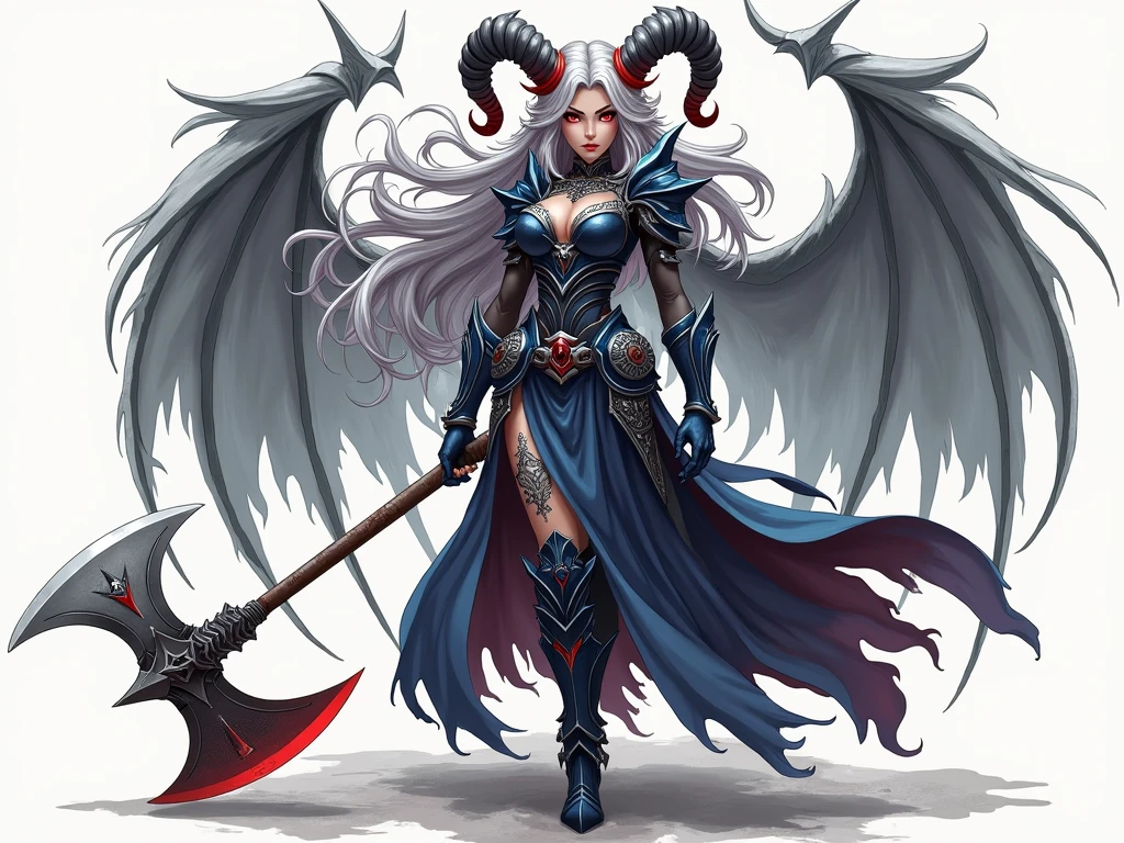 Dark gray skin warrior woman, White hair, grey horns with red, wearing blue armor with silver, an ax in his hand, anime style, in battle stance looking aggressively