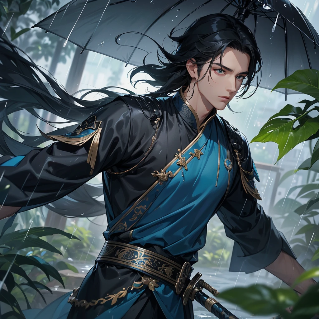 A Handsome black-hair male holding a large sword in blue-black ancient chinese costume, close up.
Stand holding an umbrella to protect from the rain. Rain fell and splashed around. There are water droplets falling on the leaves in the surrounding area, green and moist, the atmosphere after rain.