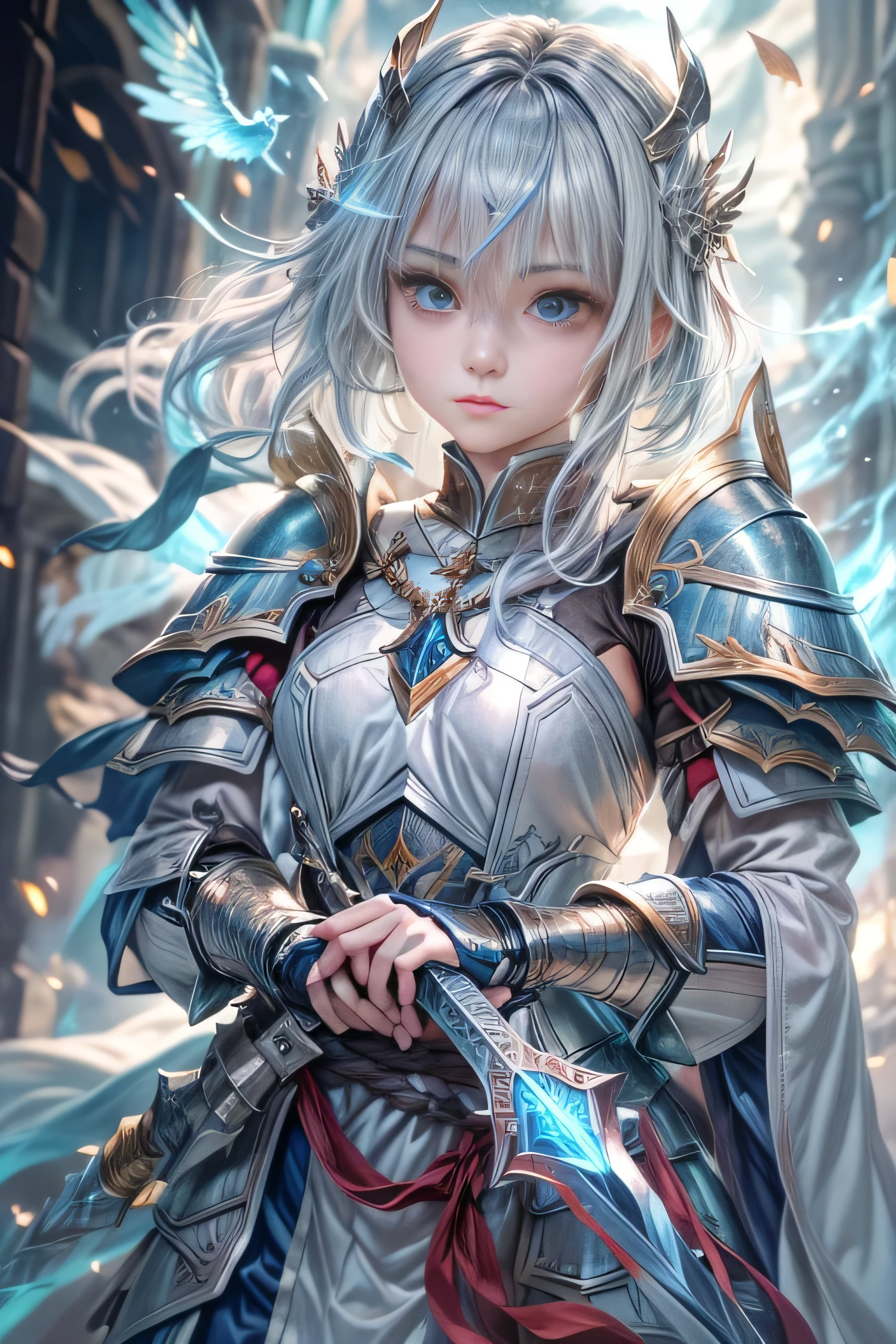 A female knight recognized by the legendary holy sword Excalibur、With the protection of the spirit of light, it emits an aura of light.、8k.Half Russian and half Japanese、Russian face、beautiful girl、A princess with the title of Dragon Slayer、、Small face、Young face、Big eyes、Skinny、Small breasts、(((Silver Hair、Silver Hair)))、With bangs、(((High resolution big beautiful light blue glowing eyes, )))、Shortcuts、Bobcut、(((Red ribbon in hair、Floral decoration)))、Partially braided、Transforms into an armored knight at the call of the holy sword Excalibur.、Large sword、A holy sword that emits a pale blue light、((god々He holds up his sword, shining a deep blue, to the sky.))、god々A sword that shines brilliantly、Magic Sword Light Shield、Armor of Light、fantasy landscape、Fantasy、(Battle with the Dark Knight、Fighting the Demons、Fighting the beastmen)A dragon knight riding a flying dragon through the sky、The sword swings down, leaving a trail of light in its wake.