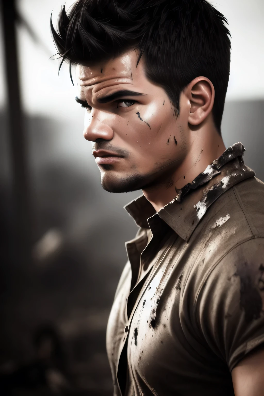 Taylor Lautner as a warrior, angry, sweaty, aggressive, torn clothes, dirty, messy, aggressive pose, photo realistic, dynamic lighting, bokeh, rugged, scars, (closed mouth), glaring eyes, scars, cuts, bruises